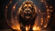 lion jumps through a ring on fire at a circus show