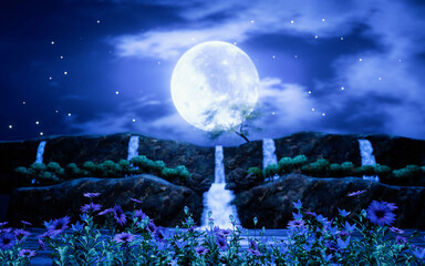 Wall Mural - Waterfall cliff. Full moon night. Blue tone. Forest nature. Mountains and waterfalls. Glowing at night. Fantasy style. 3D Rendering..