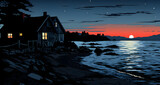 Fototapeta Las - an illustration of a boathouse at night with the moon setting