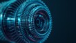 © ND STOCK - 3D wireframe illustration of a gear on a dark blue background. Mechanical technology, industry development, engine work are machine engineering symbols. engine work, and business plan illustration.