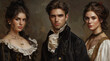 Trio dressed in regency attire with serious expressions, reminiscent of a historical painting, ai generated