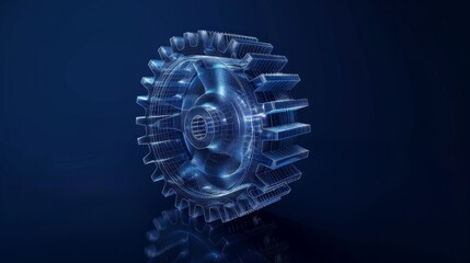 Wall Mural - 3D wireframe illustration of a gear on a dark blue background. Mechanical technology, industry development, engine work are machine engineering symbols. engine work, and business plan illustration.