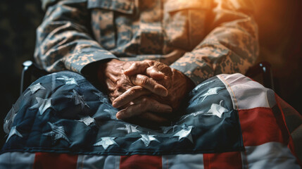 Wall Mural - Close-up detail of man prosthetic leg in a wheelchair in a hospital, an American flag draped over his lap, Veterans day concept. Generated-AI