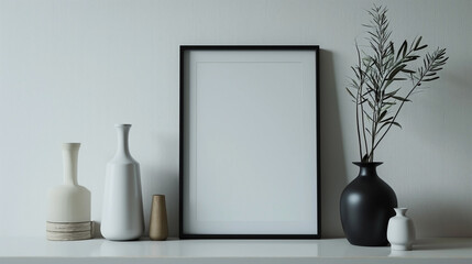 Wall Mural - Vertical frame for mockup. Minimal room interior with mock up photo frame.