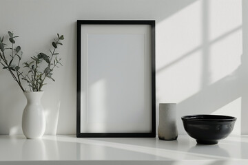 Wall Mural - Vertical frame for mockup. Minimal room interior with mock up photo frame.