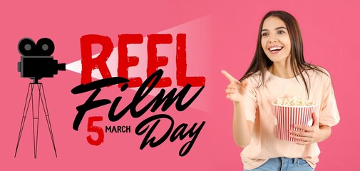 Canvas Print - Banner for Reel Film Day with young woman with popcorn