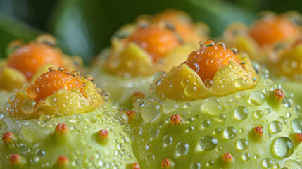 Closeup of the texture of a ripening pear with smooth green skin turning a vibrant yellow and small bumps indicative of its maturity.