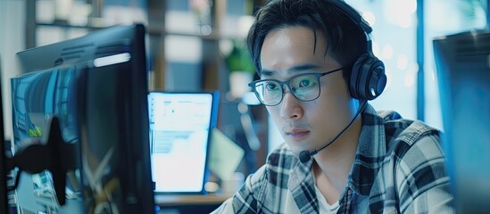 Canvas Print - An Asian man is seated at a desk in a call center, wearing headphones and facing a computer monitor. He appears to be engaged in customer service or tech support, possibly making decisions or giving