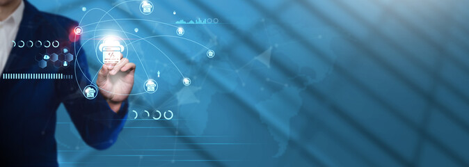 Wall Mural - software development: businessman pointing with software development icon and technological business