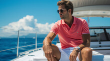 Embrace a sporty look with a colorful polo crisp white shorts and leather boat shoes. Picture yourself lounging on the deck of your yacht with a warm sea breeze blowing through