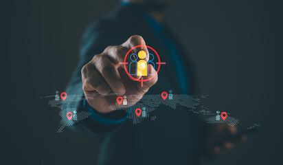 Poster - Customer Relationship Management, Businessman use tablet with global structure customer network technology, Data exchanges development. customer service, social media. digital marketing online.