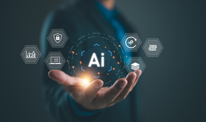 Poster - Ai technology, Artificial Intelligence. man using technology smart robot AI, artificial intelligence by enter command prompt for generates something, Futuristic technology transformation. Chat with AI