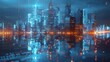 A sprawling futuristic city skyline gleams with neon lights, reflecting over calm waters at twilight, encapsulating the essence of a cybernetic urban dreamscape
