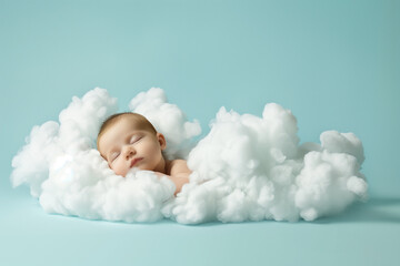 a precious sleeping baby boy wrapped in a fluffy white cloud blanket, floating gently on air in a li