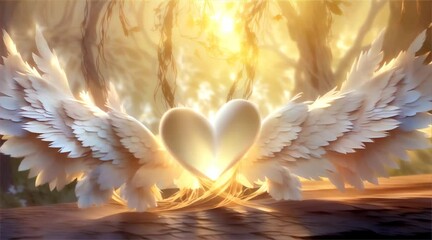 a symbolic digital composition featuring a heart with angel wings bathed in a mystical, warm light, 
