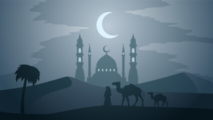 Canvas Print - Ramadan landscape vector illustration. Mosque silhouette at night with camel and muslim in desert. Mosque landscape for illustration, background or ramadan. Eid mubarak landscape for ramadan event