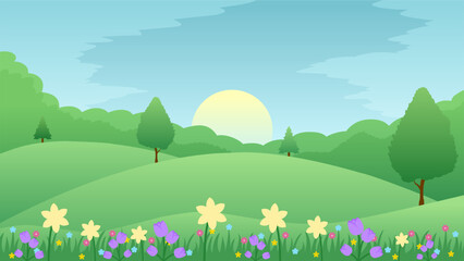 Wall Mural - Spring landscape vector illustration. Hill landscape in spring season with blooming flowers and meadow. Spring season landscape for illustration, background or wallpaper