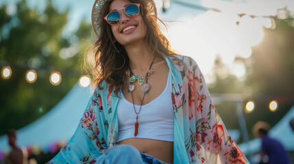 Poster - A flowy sky blue kimono with a floral print paired with a white tank top and denim offs giving off bohemian vibes for a summer music concert.