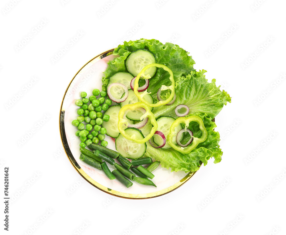 Plate of tasty vegetable salad on white background