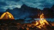 A close-up of a warm campfire at a night campsite, with a tent in the background. The fire's flickering flames reflect on the tent, surrounded by a starry sky, creating a cozy, AI Generative