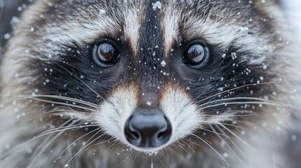 Wall Mural - A close-up of a raccoon, its expressive face and intricate fur details highlighted, set against a white backdrop, capturing the essence of this enigmatic animal with a touch AI Generative