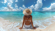 view from behind a woman sunbathing relaxing on the beach, holiday banner panoramic with copy space, female relaxing on a tropical beach