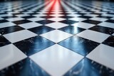 Fototapeta  - A black and white checkered floor illuminated by a bright red light.