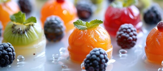 Canvas Print - A close-up view of a variety of colorful and fresh fruit neatly arranged on a table. The fruits appear ripe, with vibrant colors and textures, creating an inviting display.