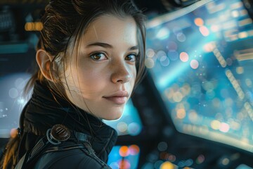 A portrait of a space traveler with a starship's command deck visible in the background, her suit adorned with intergalactic medals