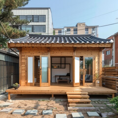 Wall Mural - Tiny one floor timber frame house with single front doors and terrace with korean theme design