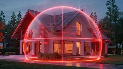 home protected by an alarm system in the form of a red dome around the house