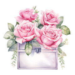 Wall Mural - Soft Watercolor FramePink Roses and Greenery on Transparent Canvas