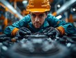Generative AI : Industrial concept: worker in helmet repair detail in car auto service, close uptelephoto