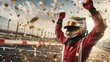 © Oulaphone - Formula one racing team driver celebrating victory on sports track with gold confetti.