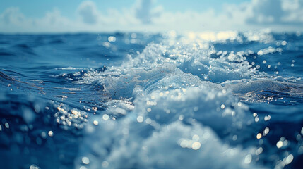 Wall Mural - Closeup of a boats wake in a blue ocean showcasing the ripples and waves created by the vessels motion.