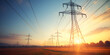 © ali - power lines at sunset, High voltage electric pylon and electrical wire with sunset sky. electricity pole. power and energy concept. high voltage grid tower with wire cable., Generative AI