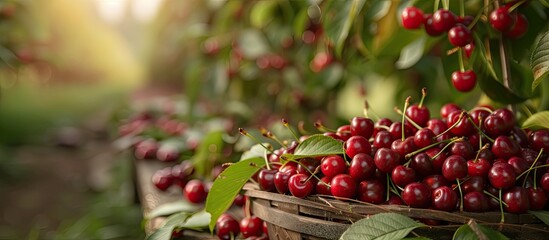 Canvas Print - A group of ripe cherries neatly arranged in a woven basket. The vibrant red fruits contrast beautifully with the light-colored weave of the basket.