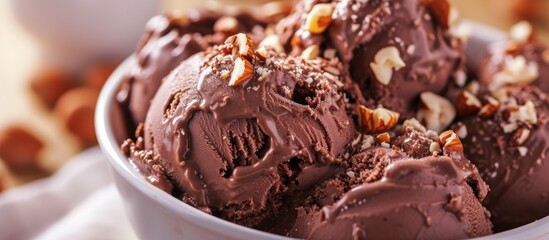 Wall Mural - A delicious close-up of a bowl filled with decadent chocolate ice cream topped with crunchy nuts.