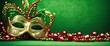 Vibrant Mardi Gras mask adorned with beads sits on a green surface.