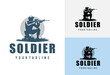 soldier or army logo carrying a long-barreled weapon is aiming at a target vector illustration design