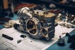 Detailed image of a throttle body with engineering blueprints and tools in the background