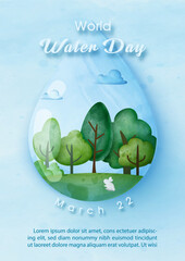 Poster - Green forest in a giant transparent water droplet with wording of World water day, example texts on  blue background. Poster's campaign of water day in watercolors style and vector design.