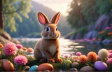 Fototapeta Panele - Bunny in the forest with colorful flowers and estaer eggs beside the river