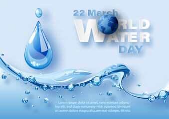 Poster - Poster's campaign of world water day with glass droplet and transparent pure water with wording of World water day, example texts on blue background.