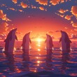 Majestic digital illustration of penguins gathered in the ocean at sunset, with a radiant sun dipping below the horizon and clouds ablaze with gold and crimson hues