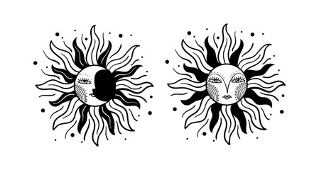 Wall Mural - vintage sun with face and moon, medieval engraving, hand drawing. mystical tarot symbol for astrolog