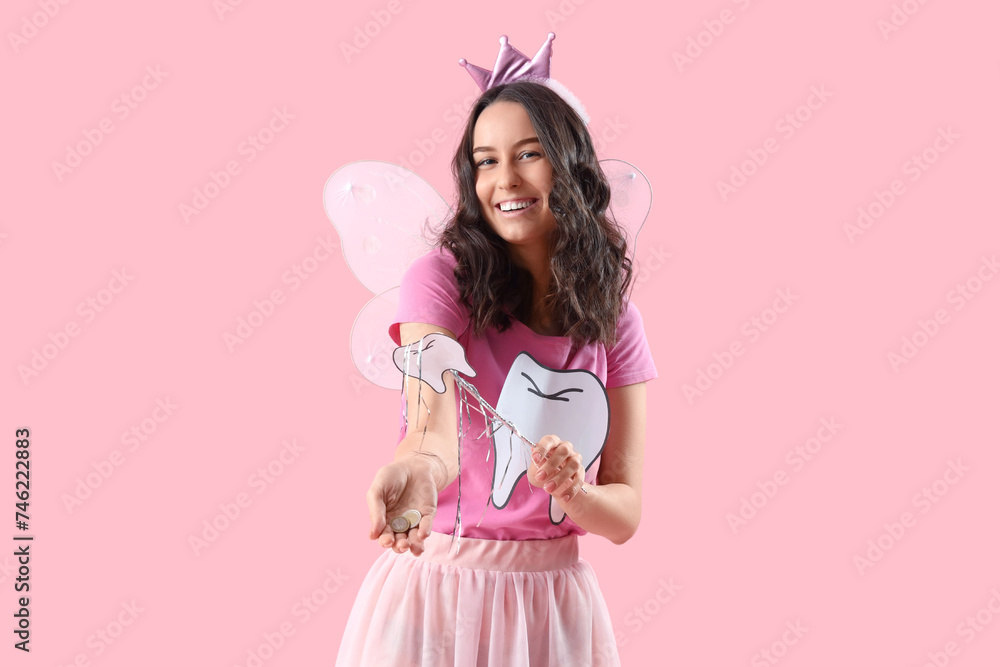 Tooth Fairy with coins and wand on pink background