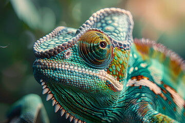 Wall Mural - Green colored chameleon close up. Generative AI.