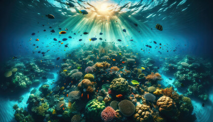 Vibrant Coral Reef and Tropical Fish Underwater