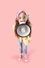 Poster - Funny little girl shouting into megaphone on pink background. April Fools' Day celebration